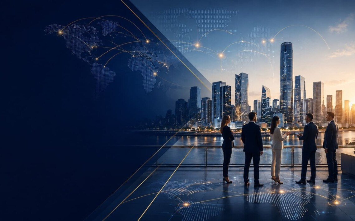 Grupo de profesionales ante una ciudad moderna con gráficos de conectividad global, representando city marketing, inversión y talento.