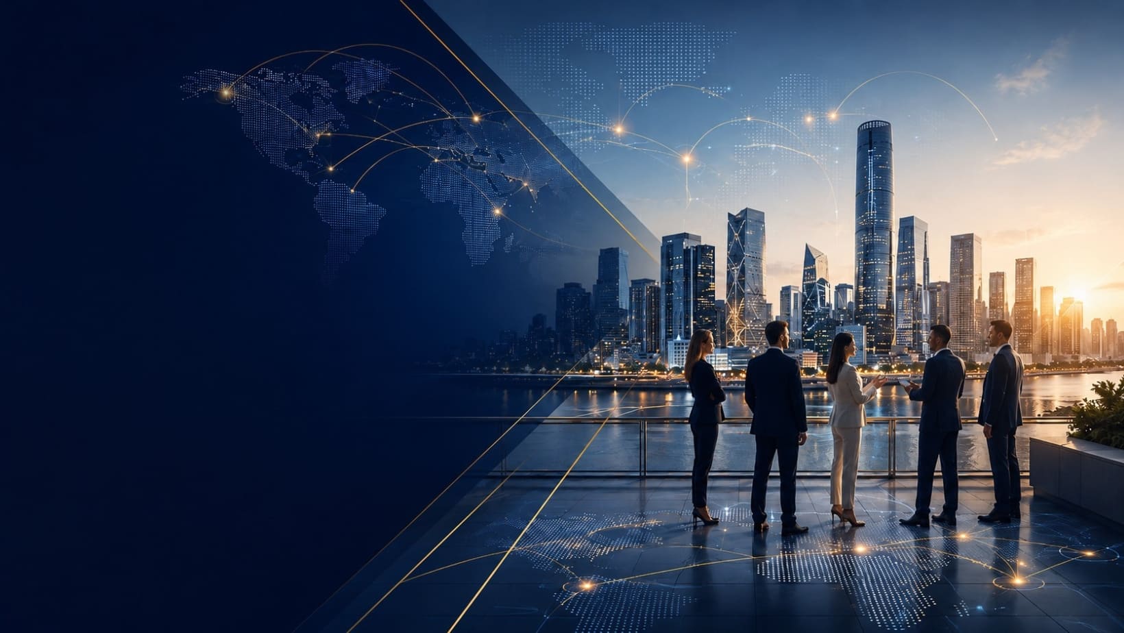 Grupo de profesionales ante una ciudad moderna con gráficos de conectividad global, representando city marketing, inversión y talento.