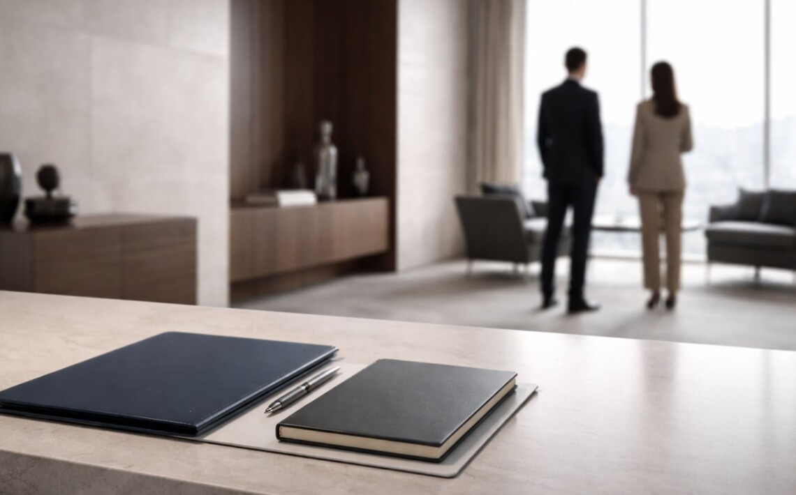 Interior institucional/corporativo sobrio con mesa ordenada, carpeta y cuaderno, y un hombre y una mujer desenfocados al fondo, representando imagen estratégica y legitimidad.