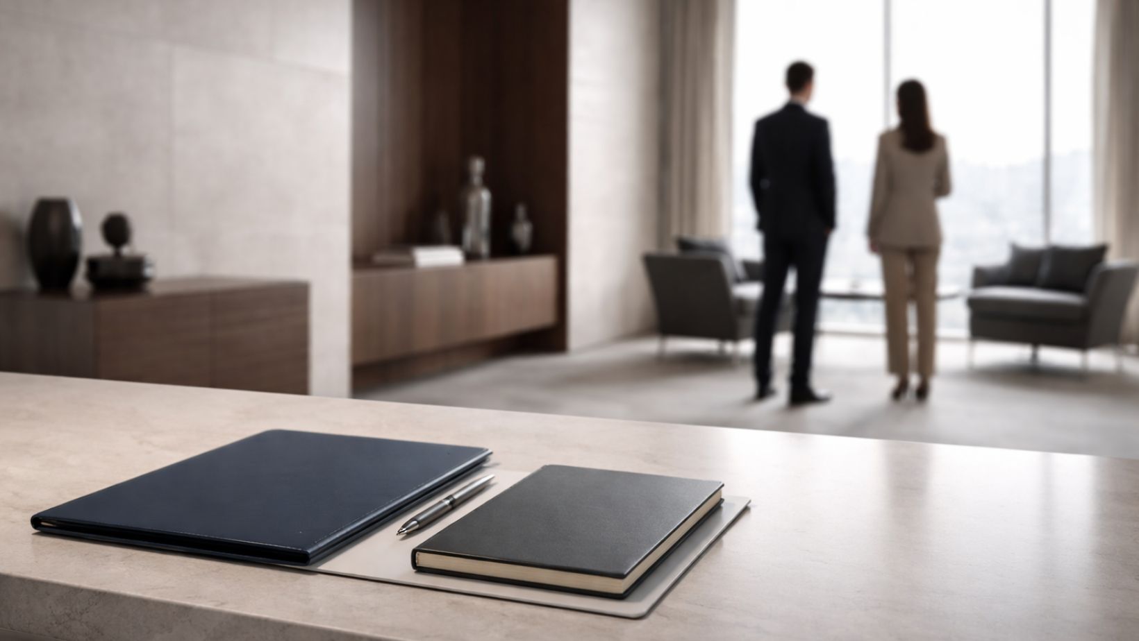 Interior institucional/corporativo sobrio con mesa ordenada, carpeta y cuaderno, y un hombre y una mujer desenfocados al fondo, representando imagen estratégica y legitimidad.