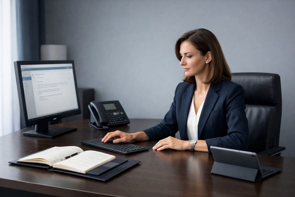 Mujer ejecutiva desarrollando sus habilidades directivas y de gestión estratégica dentro de una empresa