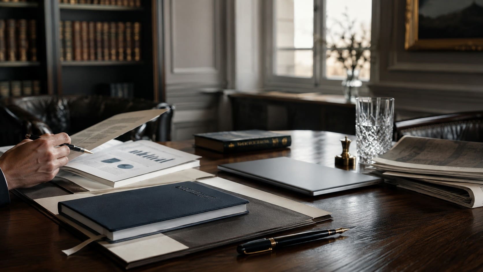 Mesa de análisis estratégico con documentos institucionales y elementos de consultoría
