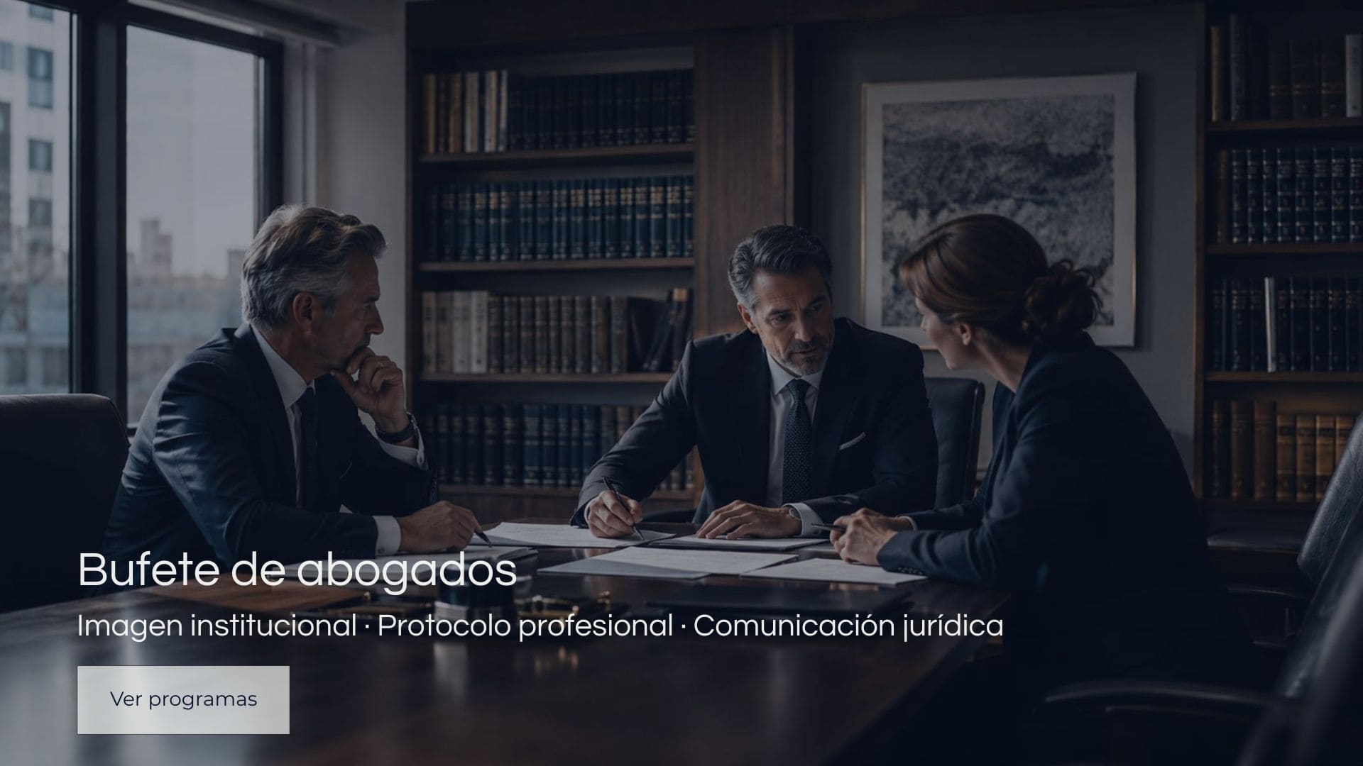 Reunión profesional en un bufete de abogados sobre imagen institucional, protocolo y comunicación jurídica
