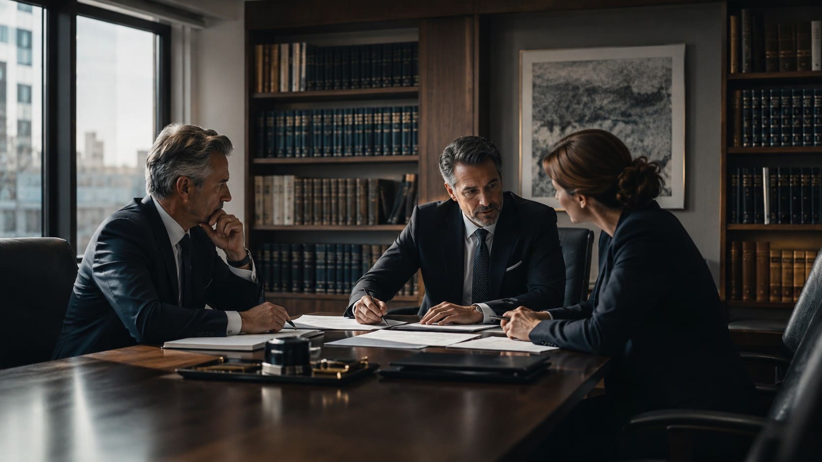 Reunión estratégica en un bufete de abogados de alto nivel sobre reputación, comunicación y posicionamiento institucional