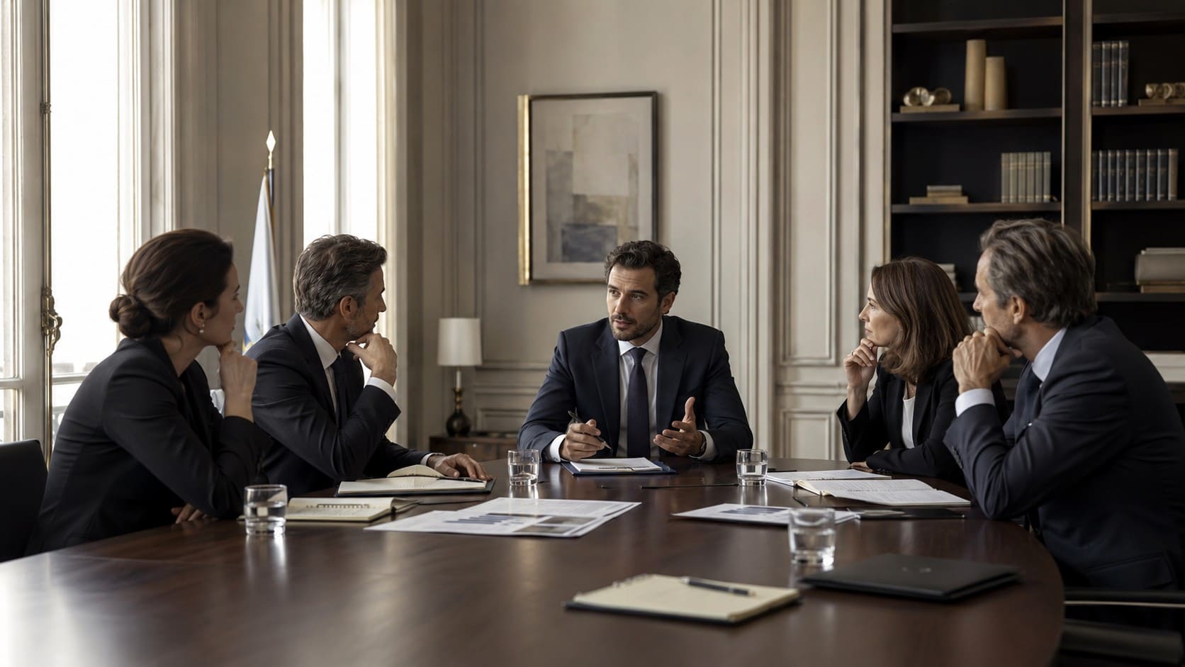 Reunión de consultoría estratégica para partidos políticos con dirigentes y equipo en un entorno institucional.