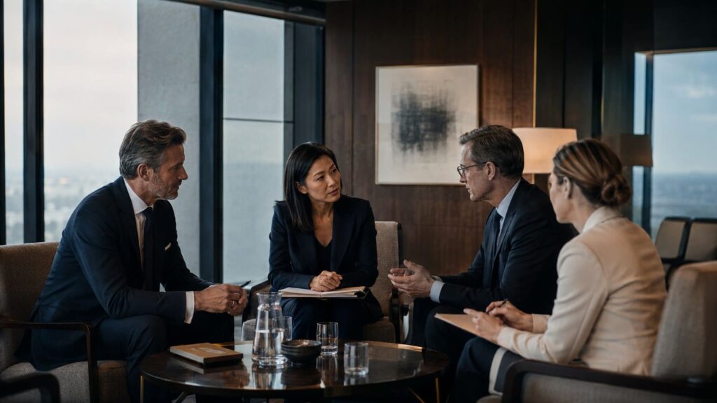 Reunión ejecutiva de alto nivel en un entorno corporativo premium sobre diplomacia corporativa, alianzas estratégicas y representación empresarial.