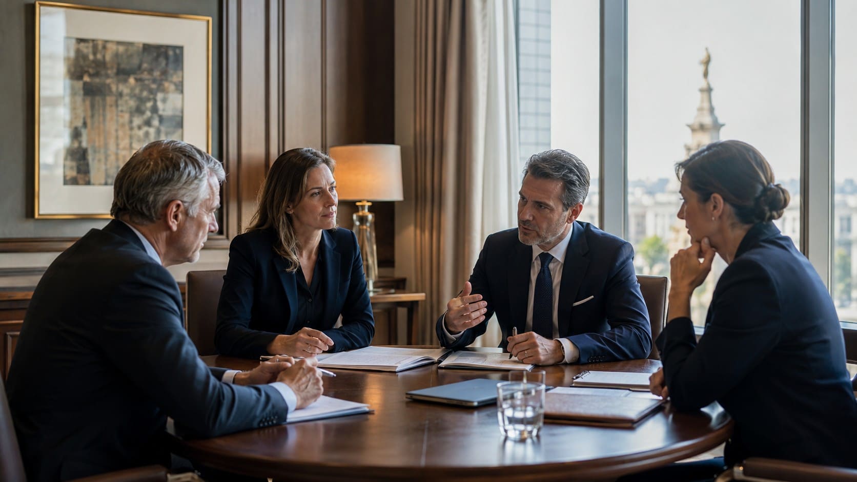 Reunión ejecutiva sobre consultoría estratégica, diplomacia corporativa y reputación empresarial