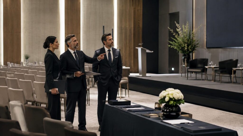 Profesionales supervisando la preparación de un evento corporativo premium con enfoque en protocolo, escenografía y reputación empresarial