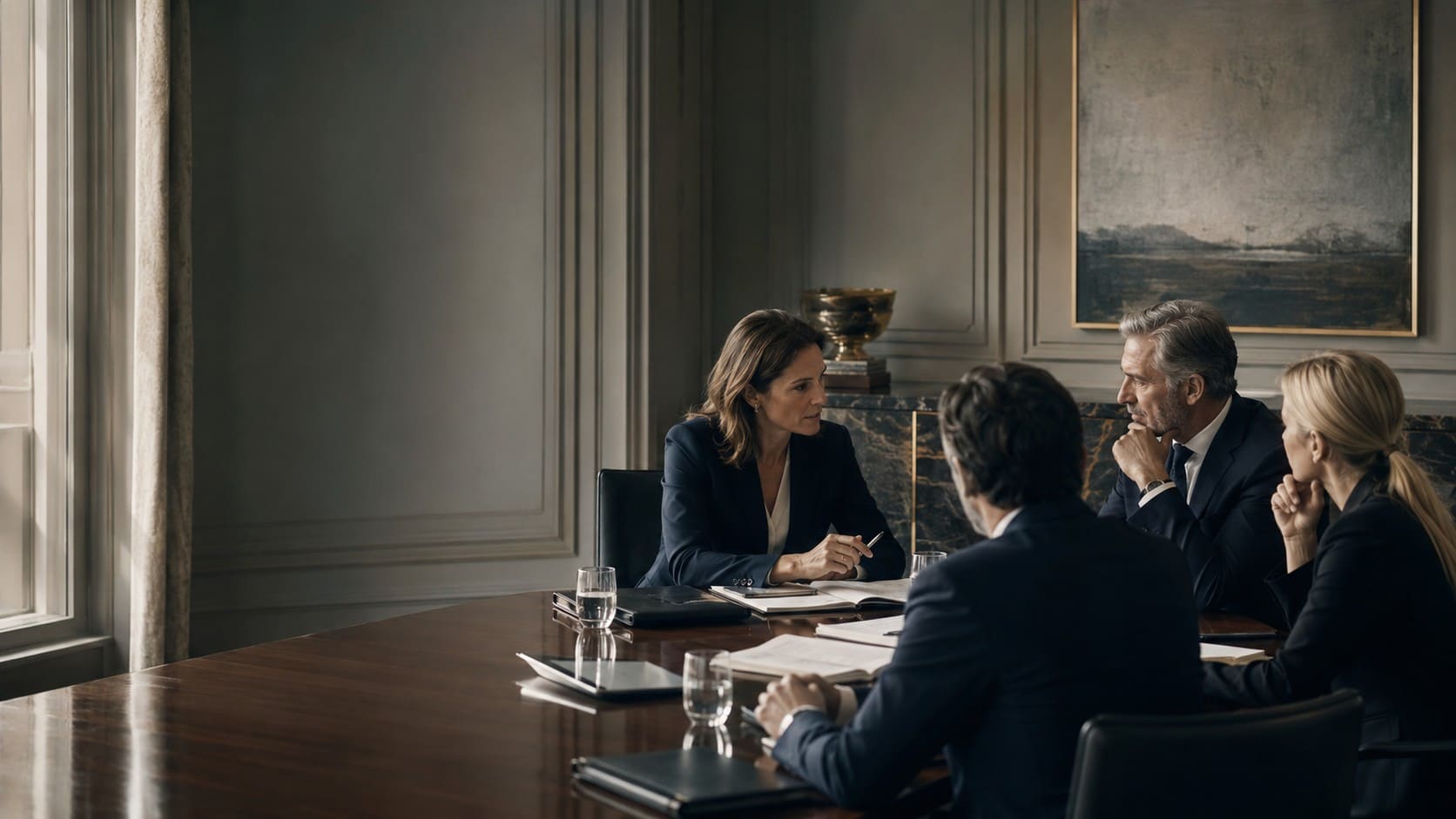 Reunión estratégica de alta dirección en un entorno institucional y corporativo de alto nivel.