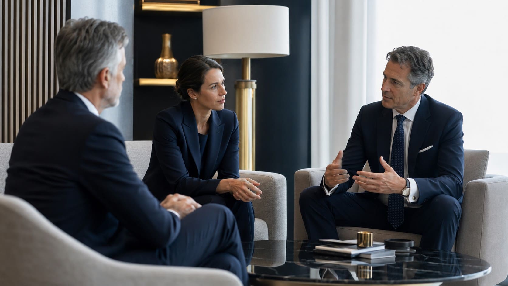 Conversación estratégica entre líderes y consultores en un entorno corporativo premium sobre representación, reputación y comunicación institucional