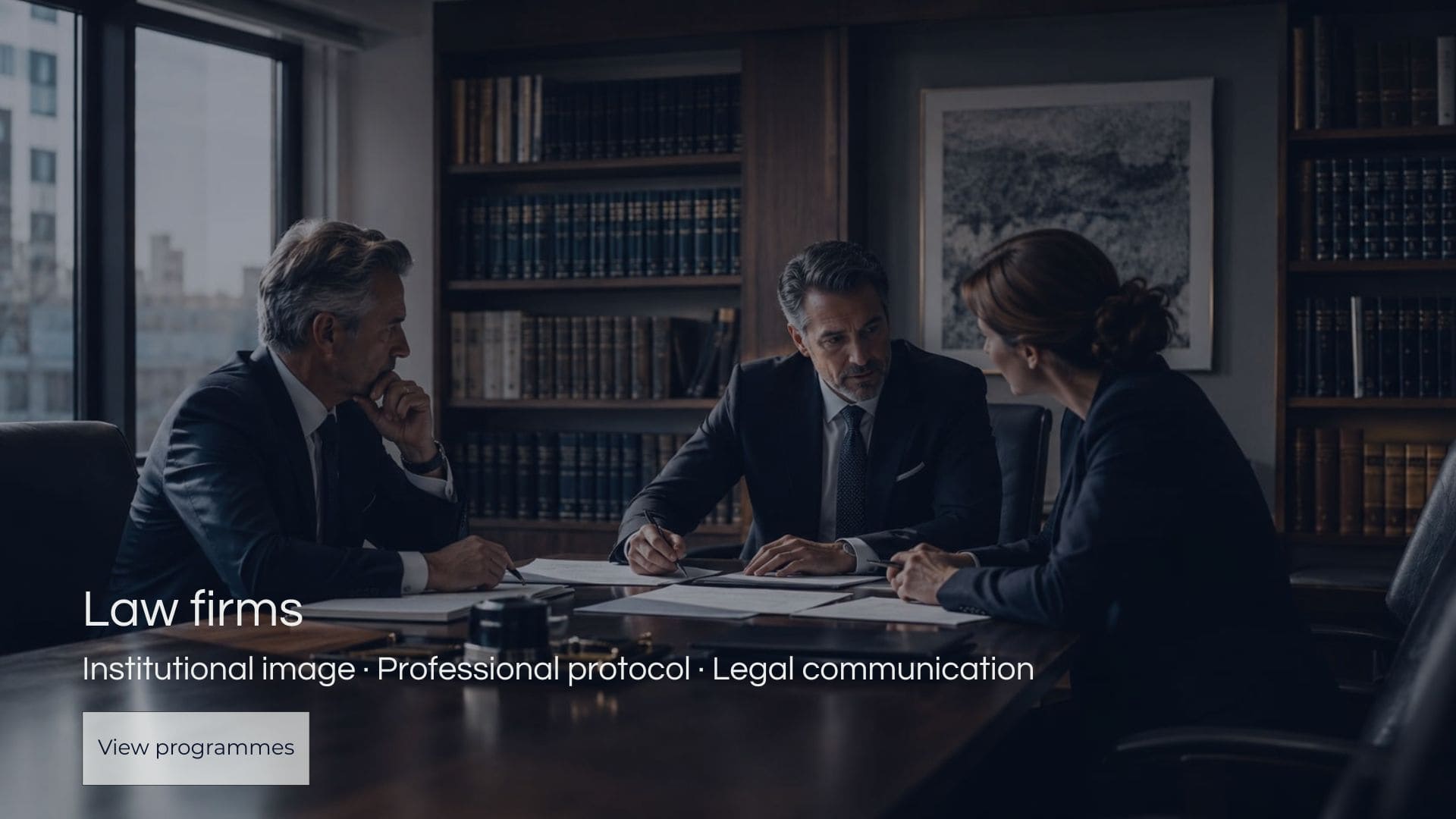 Professional meeting at a law firm on institutional image, protocol and legal communication