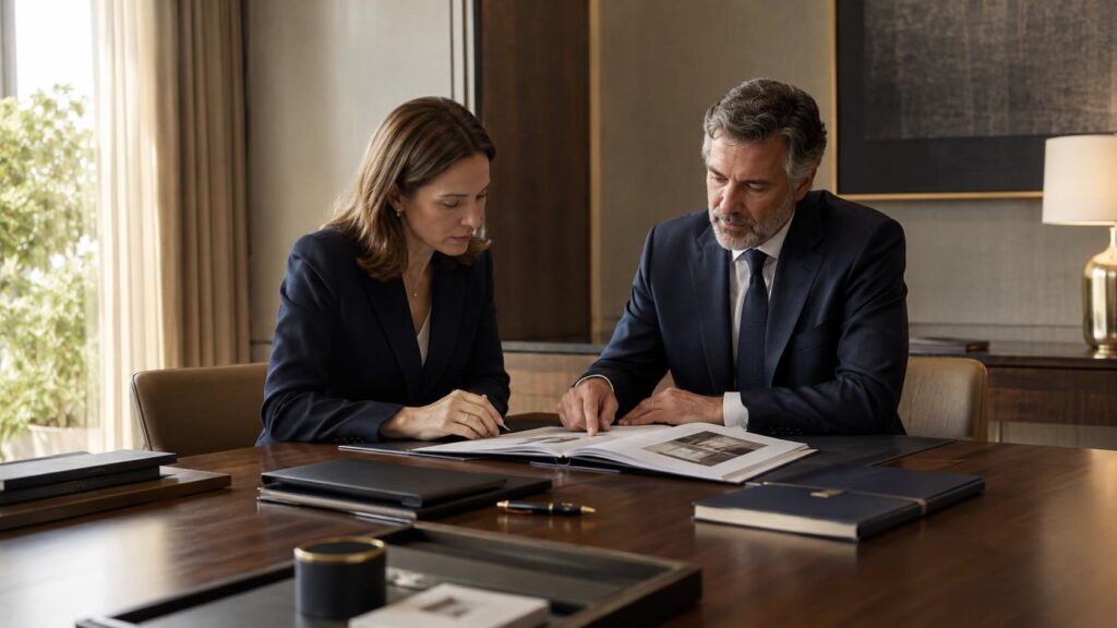 Profesionales revisando un manual de protocolo corporativo en un entorno ejecutivo premium para ordenar criterios de representación y organización empresarial