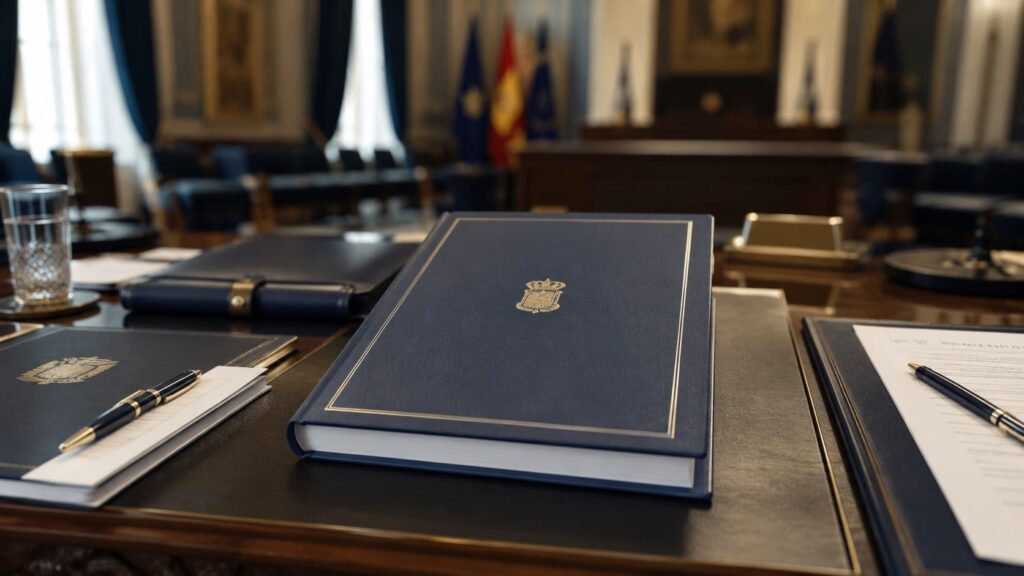 Espacio institucional elegante con documentación protocolaria y elementos ceremoniales, representando un manual de protocolo municipal orientado al orden institucional, la visibilidad pública y el liderazgo local.