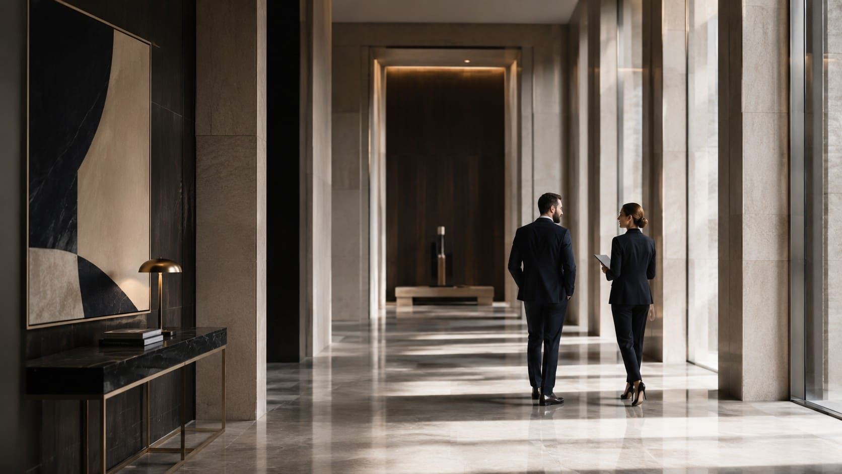 Profesionales en conversación estratégica en un entorno institucional y corporativo de alto nivel