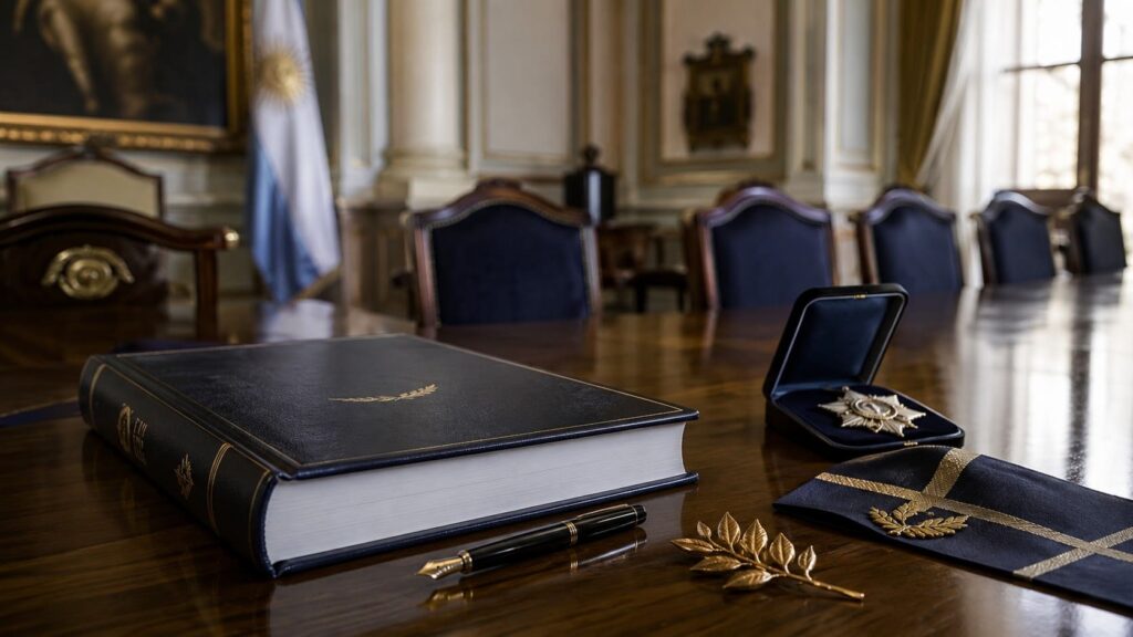 Sala institucional de ayuntamiento preparada para actos oficiales, representando el reglamento de protocolo, honores y distinciones en el ámbito municipal.