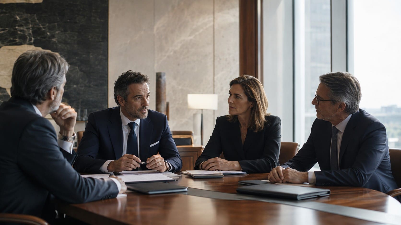 Reunión ejecutiva sobre consultoría estratégica, diplomacia corporativa y reputación empresarial