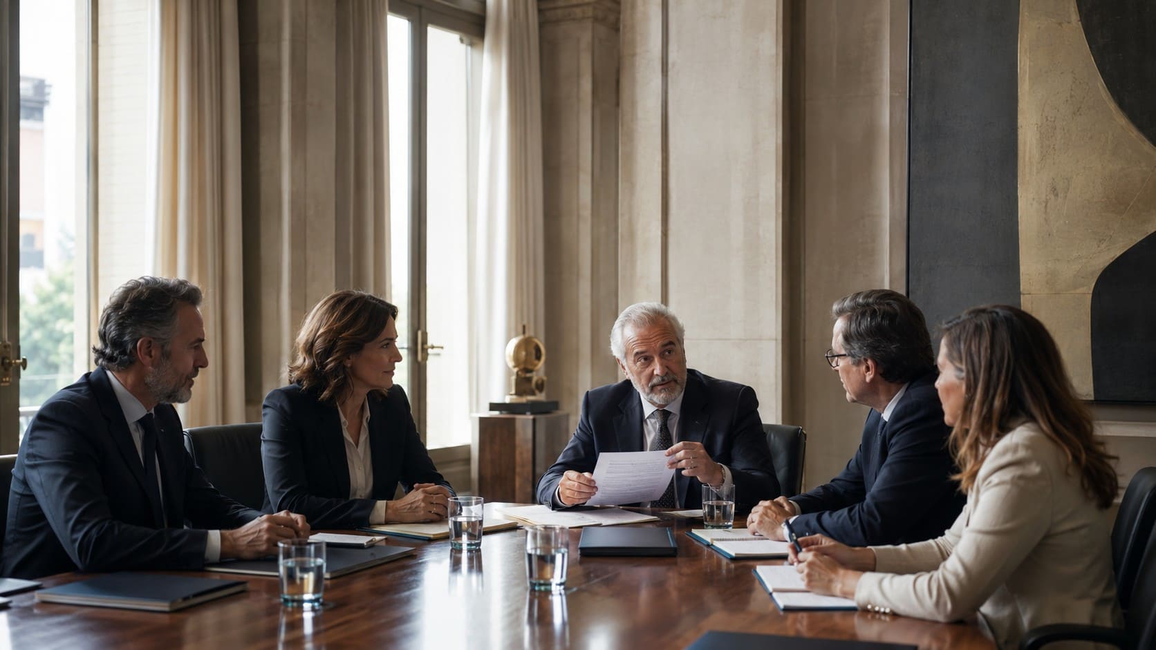 Equipo institucional reunido en una sala pública de alto nivel durante una sesión de trabajo estratégico sobre representación institucional, gobernanza y comunicación pública.