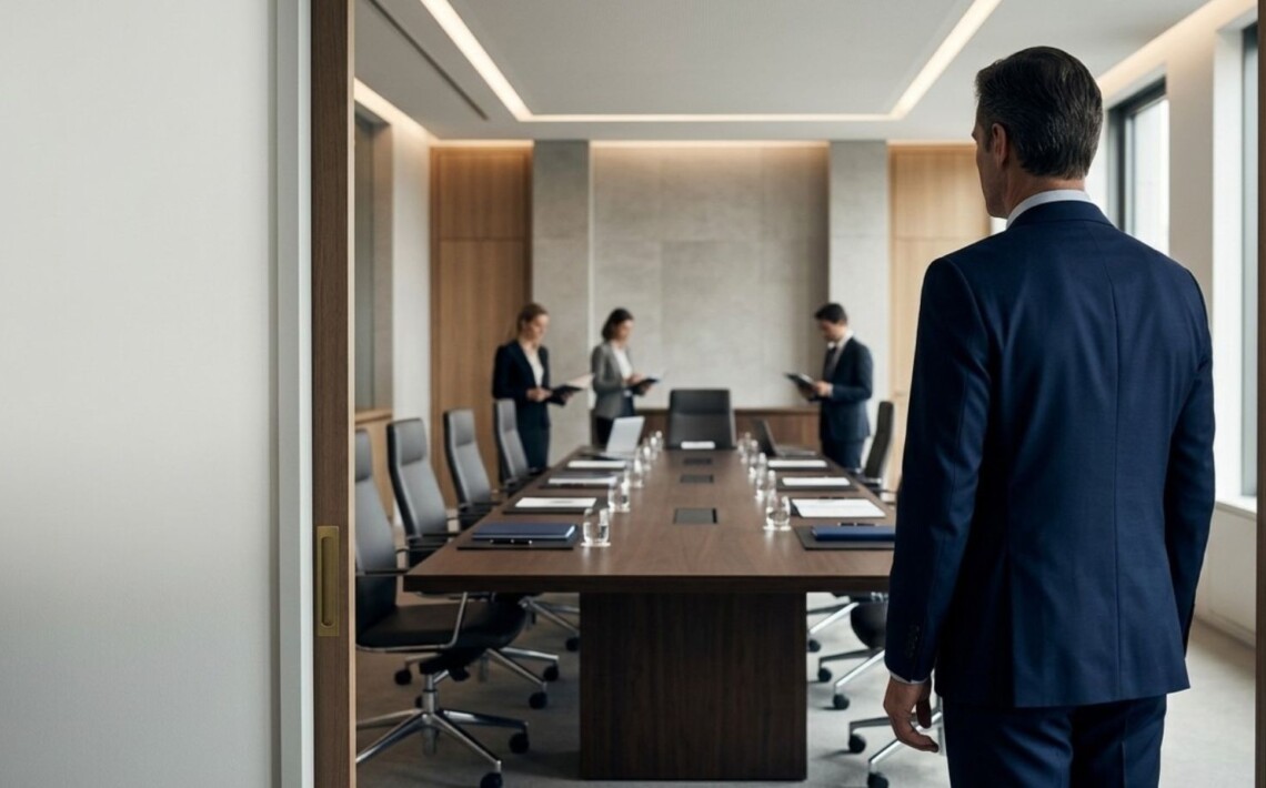 Líder empresarial preparándose para una reunión de alta exposición y liderazgo reputacional.