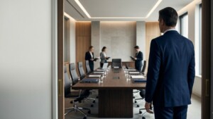 Líder empresarial preparándose para una reunión de alta exposición y liderazgo reputacional.