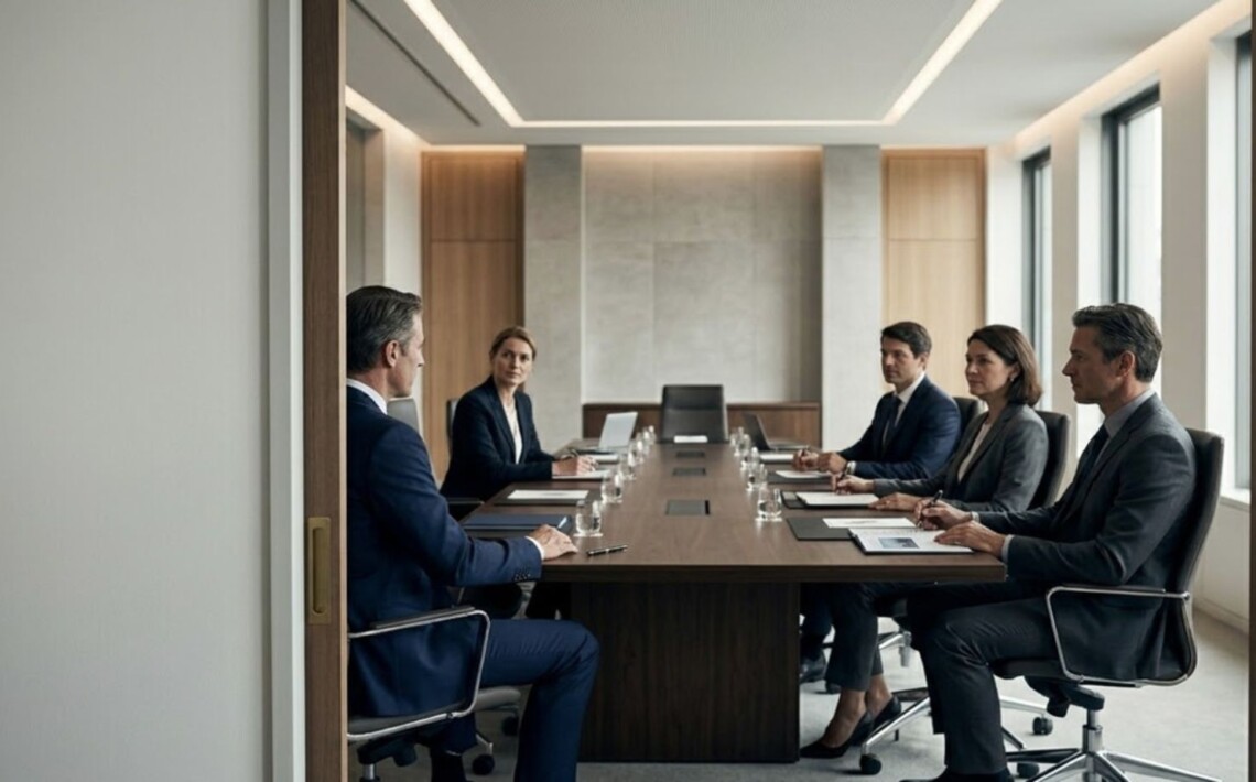 Comité de dirección trabajando su identidad directiva, comunicación ejecutiva y confianza de marca.