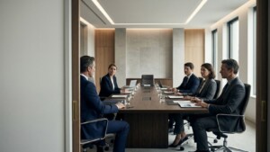 Comité de dirección trabajando su identidad directiva, comunicación ejecutiva y confianza de marca.