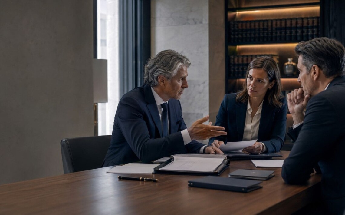 Socios de un bufete de abogados durante una reunión estratégica sobre reputación jurídica y confianza profesional.