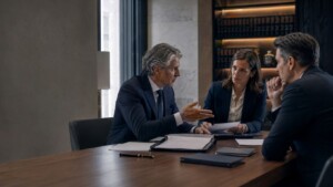 Socios de un bufete de abogados durante una reunión estratégica sobre reputación jurídica y confianza profesional.